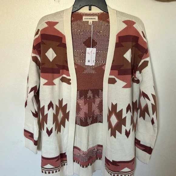 Lucky Brand Women's Geometric Cardigan - Cream and Brown - Picture 1 of 4